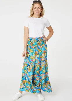 Skirts>Izabel London Blue Abstract Shirred High Waist Maxi Skirt