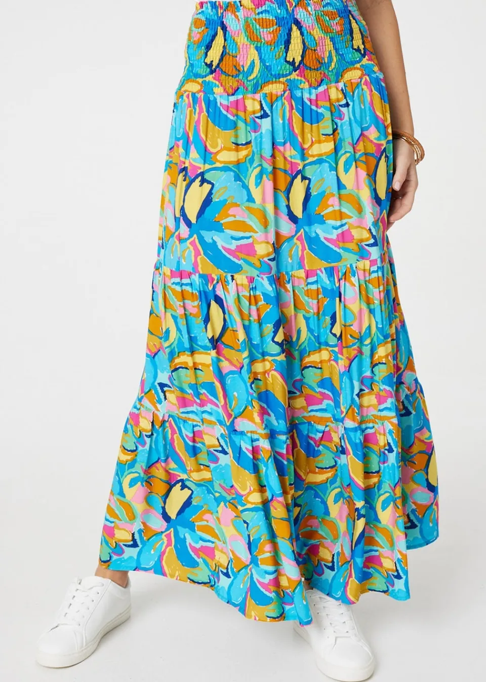 Skirts>Izabel London Blue Abstract Shirred High Waist Maxi Skirt