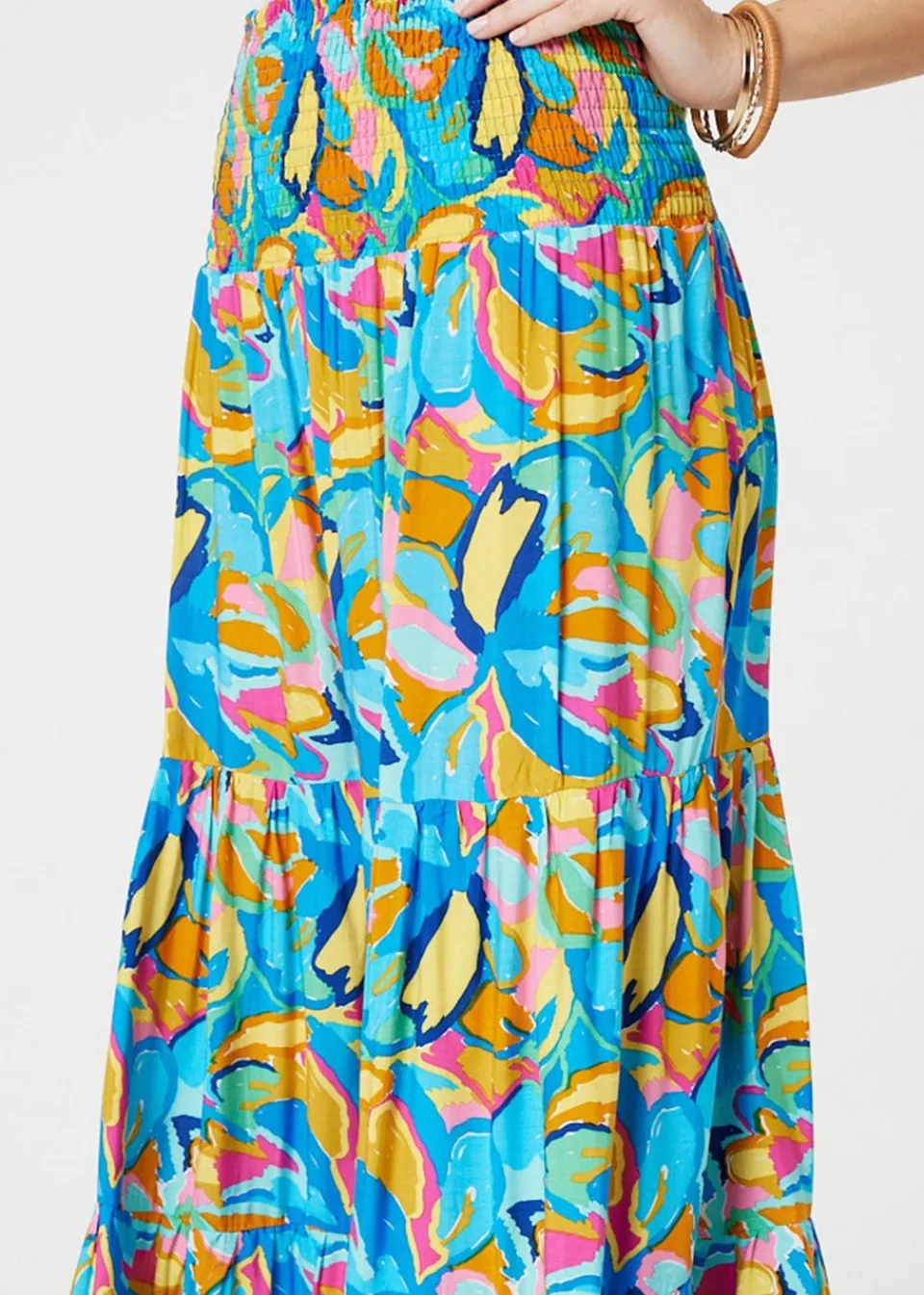 Skirts>Izabel London Blue Abstract Shirred High Waist Maxi Skirt