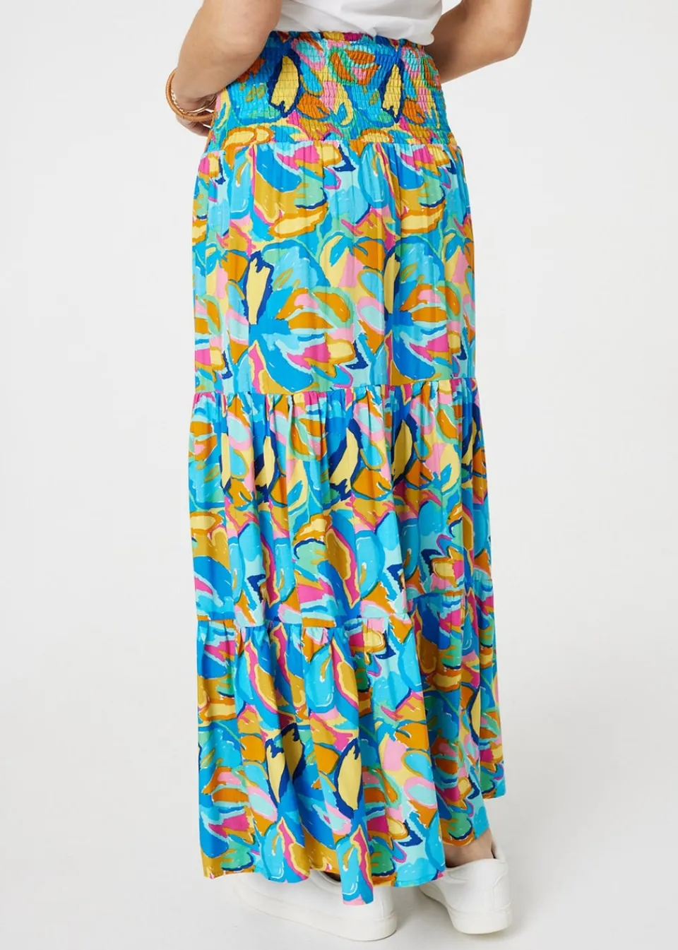 Skirts>Izabel London Blue Abstract Shirred High Waist Maxi Skirt