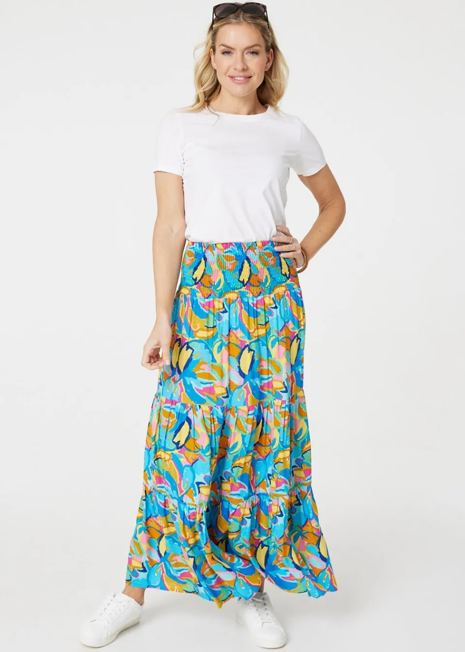 Skirts>Izabel London Blue Abstract Shirred High Waist Maxi Skirt