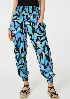 Trousers>Izabel London Blue Abstract Print High Waist Harem Pants