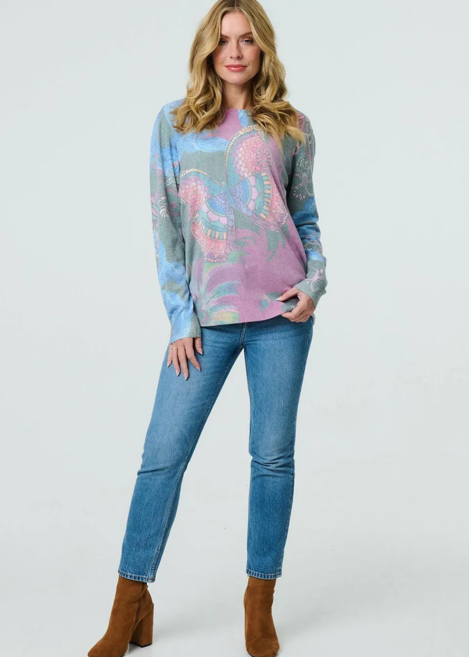 Tops>Izabel London Blue Abstract Print Stud Detail Knit Top
