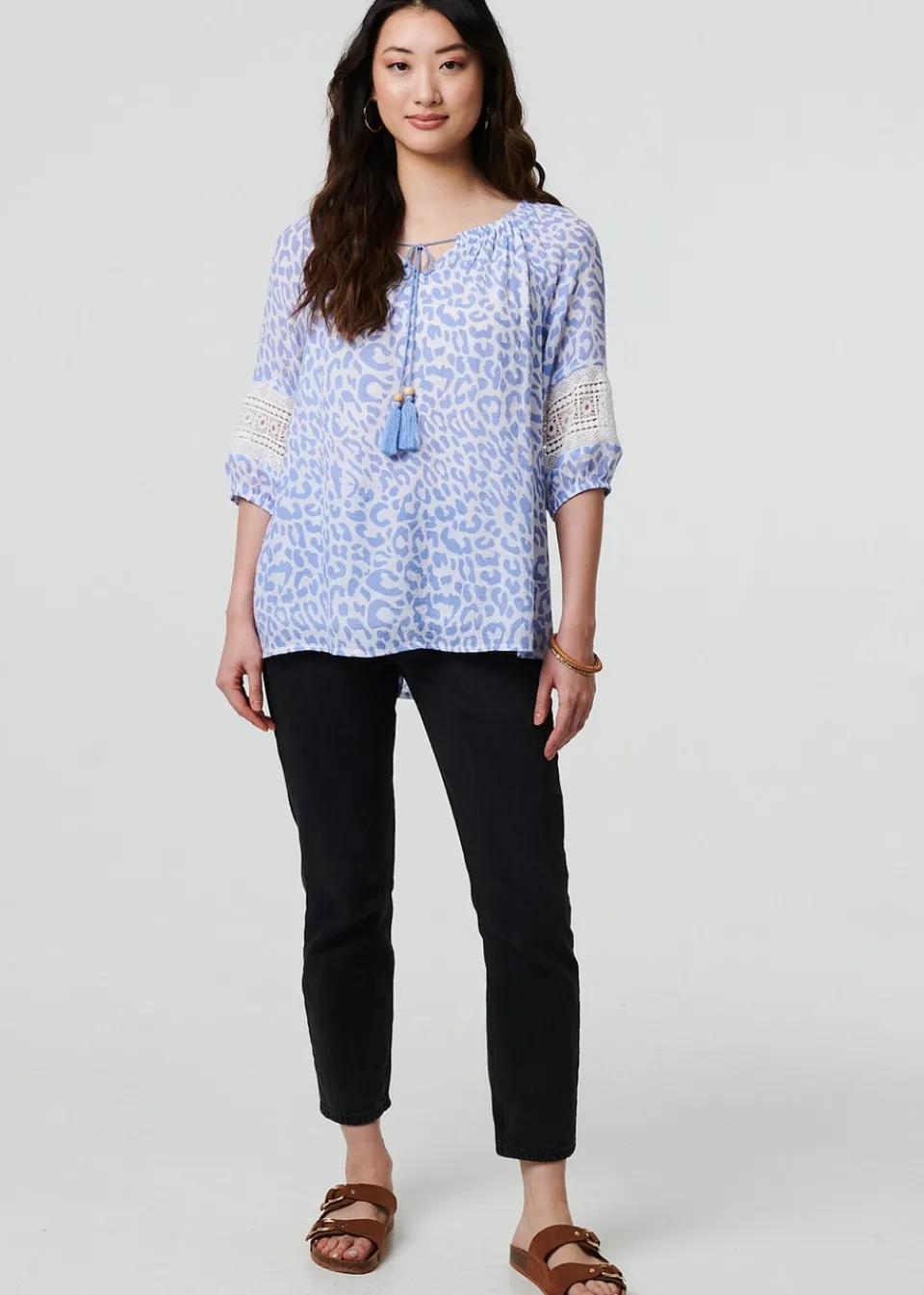 Tops>Izabel London Blue Animal Print Tassel Bardot Neck Blouse