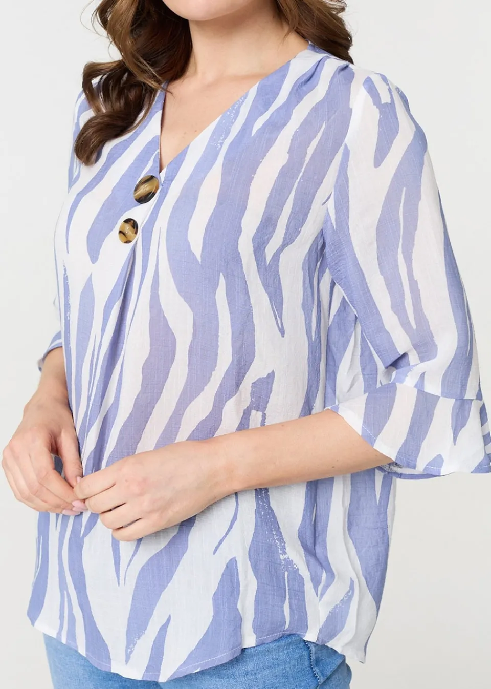 Tops>Izabel London Blue Animal Print 3/4 Flared Sleeve Blouse