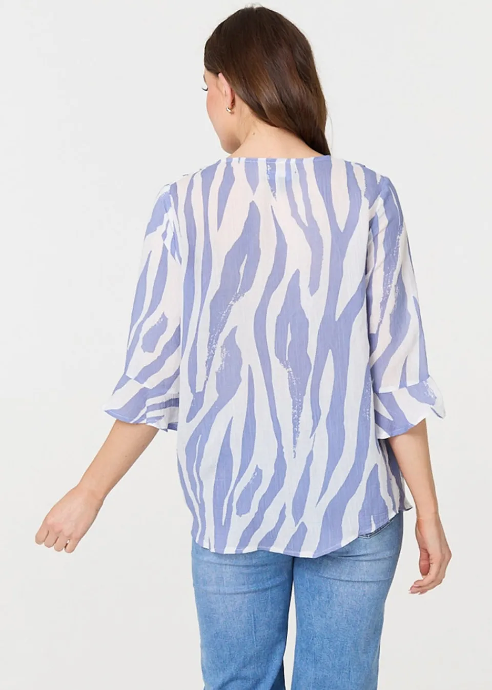 Tops>Izabel London Blue Animal Print 3/4 Flared Sleeve Blouse