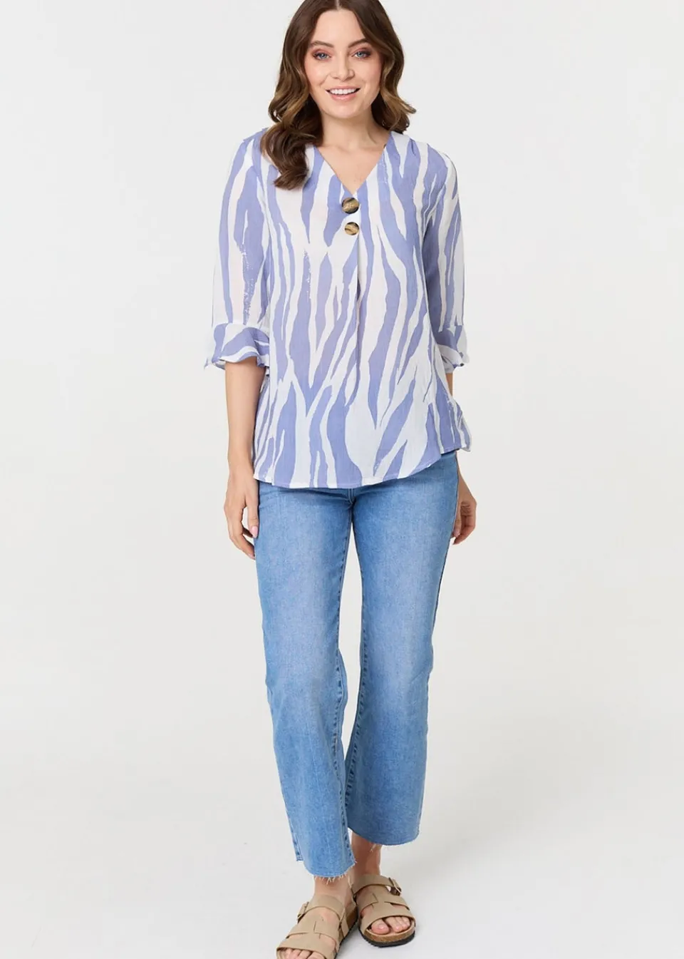 Tops>Izabel London Blue Animal Print 3/4 Flared Sleeve Blouse