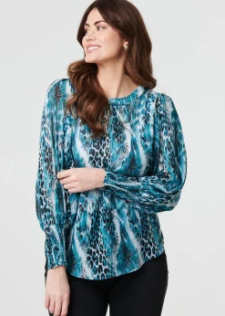 Tops>Izabel London Blue Animal Print Semi Sheer Blouse Top