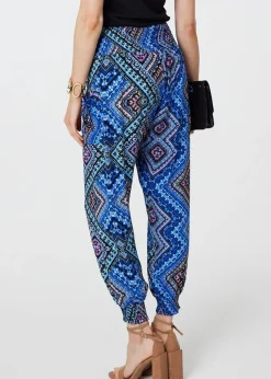 Trousers>Izabel London Blue Aztec Print High Waist Harem Pants