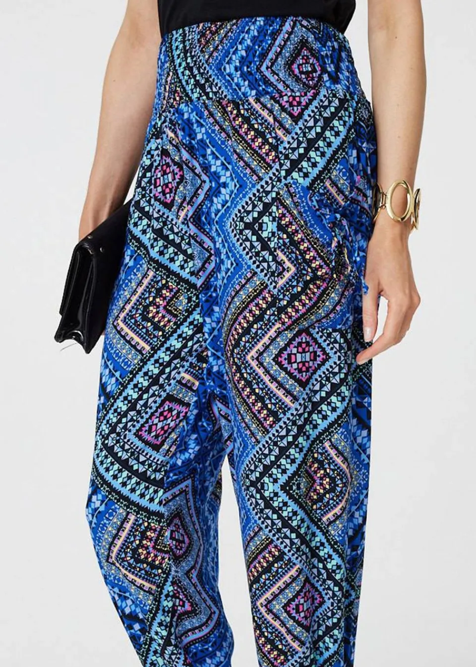 Trousers>Izabel London Blue Aztec Print High Waist Harem Pants