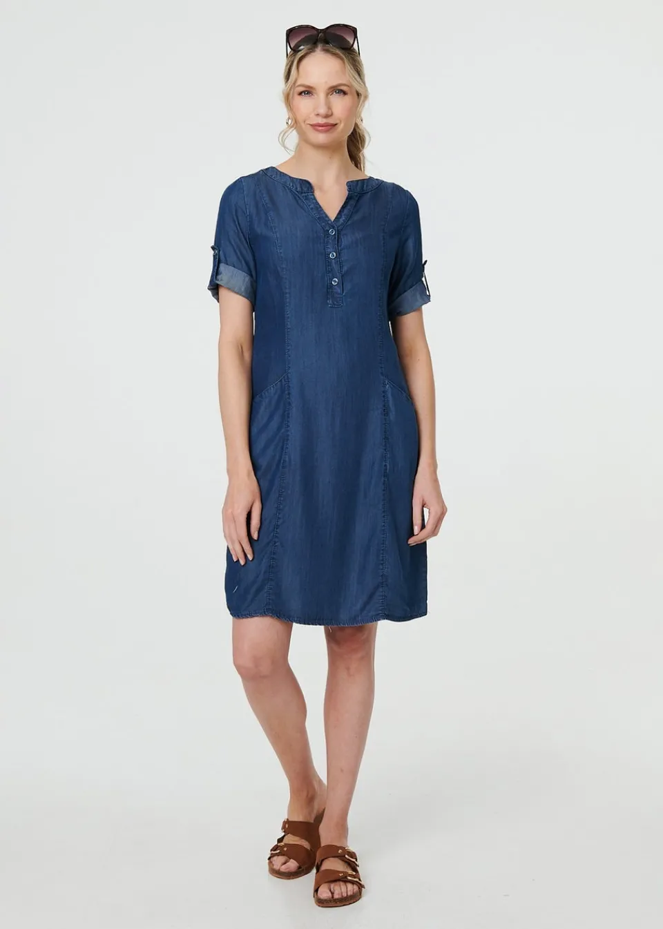 Dresses>Izabel London Blue Denim Relaxed Button Front Short Dress