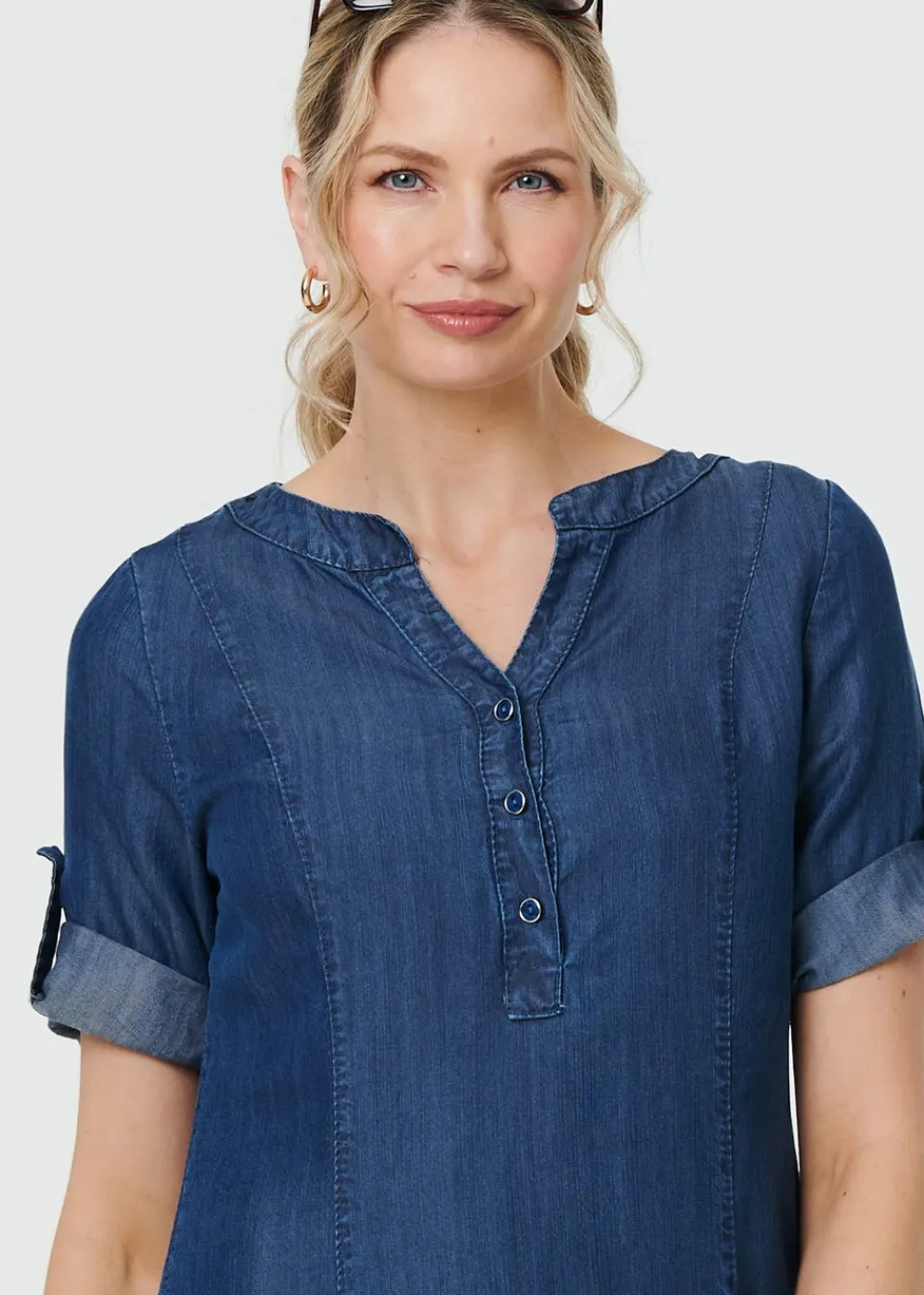 Dresses>Izabel London Blue Denim Relaxed Button Front Short Dress