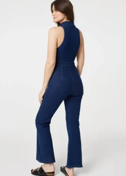 Jumpsuits & Playsuits>Izabel London Blue Denim Zip Front Flared Jumpsuit