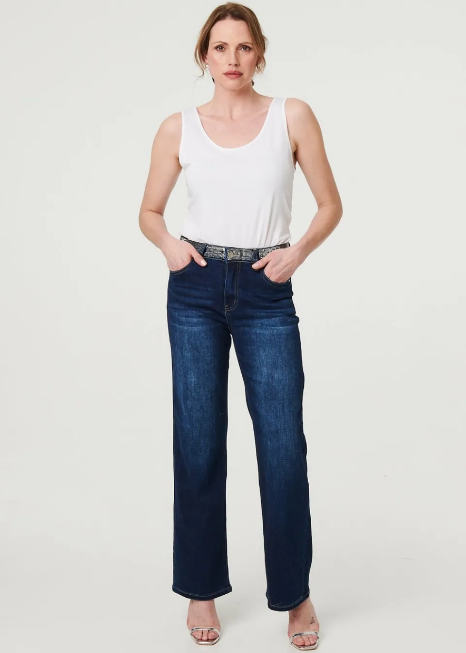 Jeans & Jeggings>Izabel London Blue Diamante Stud High Waist Straight Jeans