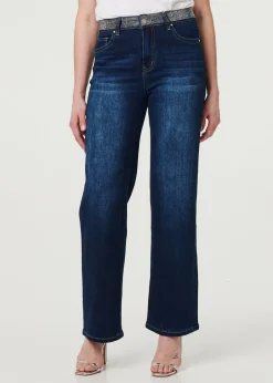 Jeans & Jeggings>Izabel London Blue Diamante Stud High Waist Straight Jeans