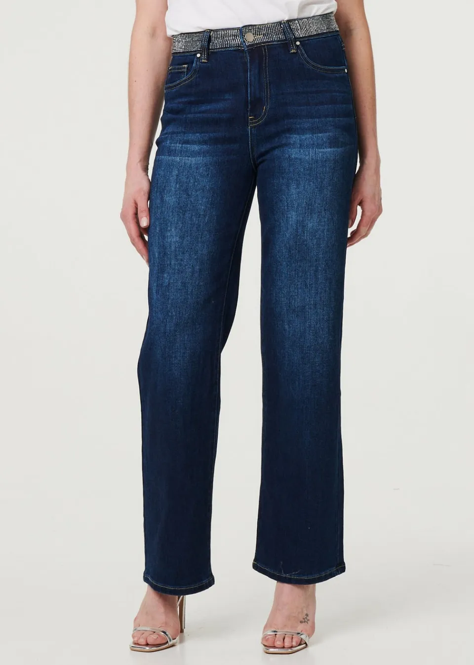 Jeans & Jeggings>Izabel London Blue Diamante Stud High Waist Straight Jeans