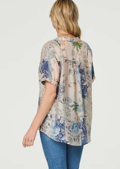 Tops>Izabel London Blue Floral Collarless Short Sleeve Blouse