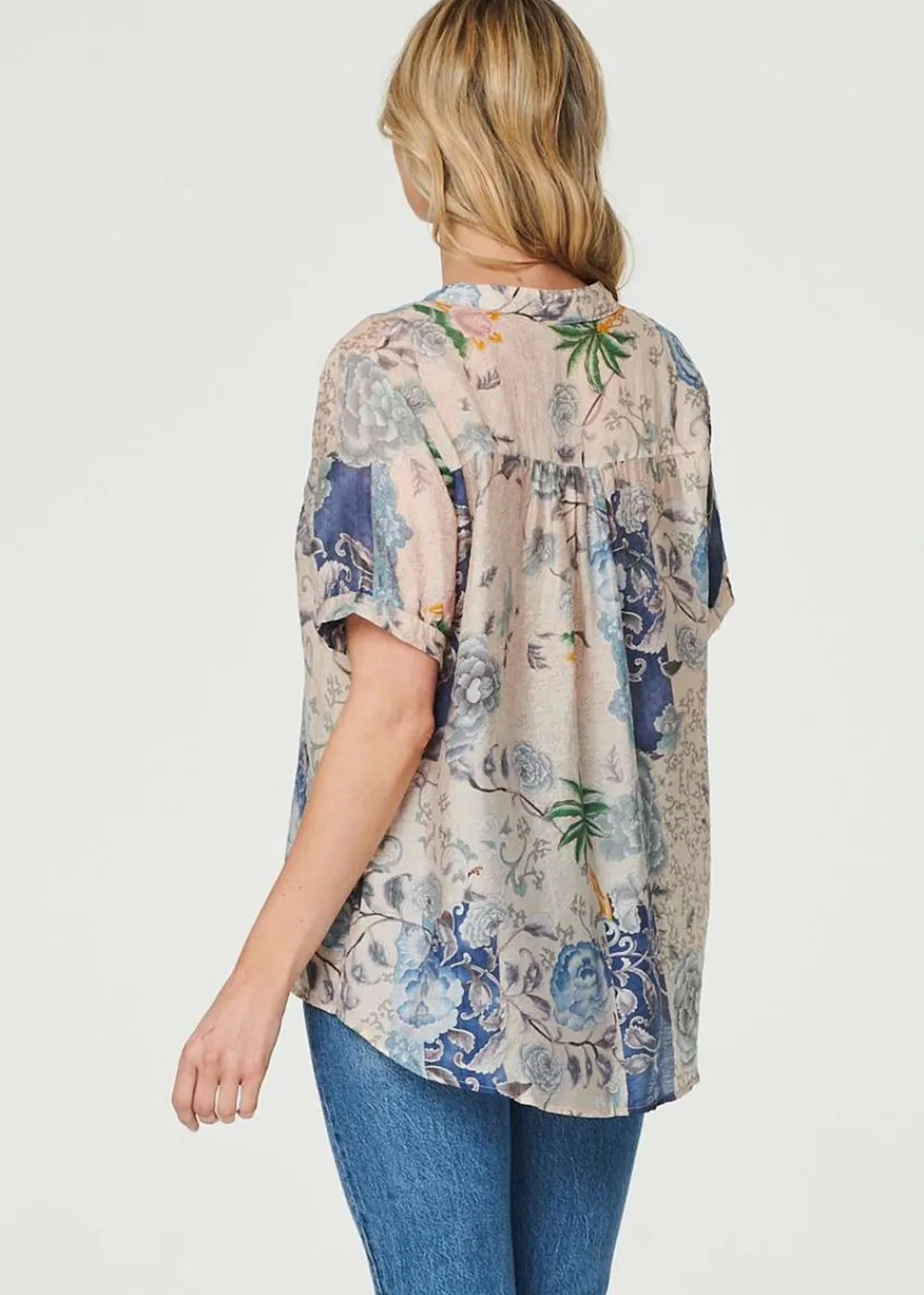 Tops>Izabel London Blue Floral Collarless Short Sleeve Blouse