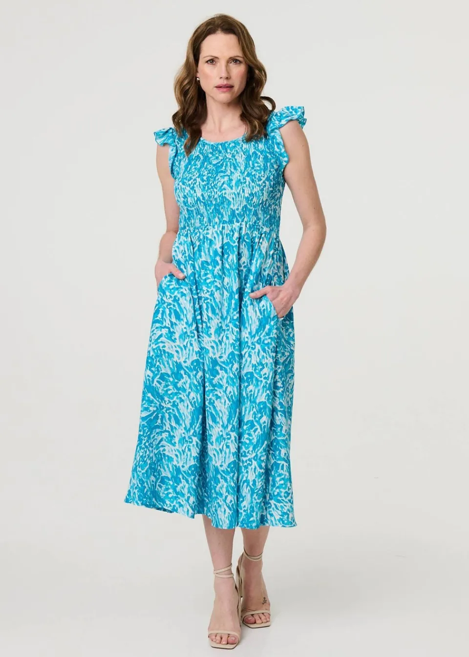 Dresses>Izabel London Blue Floral Ruffled Cap Sleeve Midi Dress