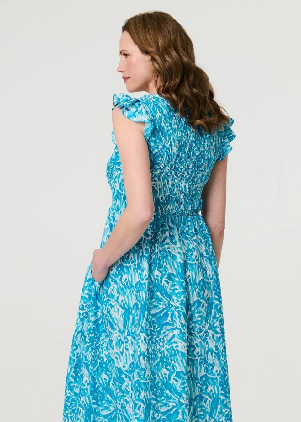 Dresses>Izabel London Blue Floral Ruffled Cap Sleeve Midi Dress