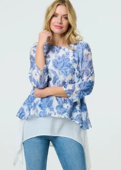Tops>Izabel London Blue Floral Layered High Low Tunic