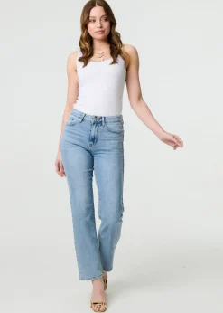 Jeans & Jeggings>Izabel London Blue Floral Pocket Patch Straight Fit Jeans