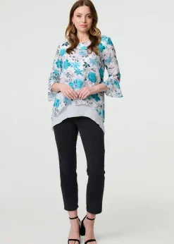 Tops>Izabel London Blue Floral Curve Layered Hem Blouse