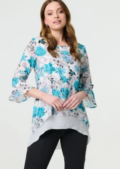 Tops>Izabel London Blue Floral Curve Layered Hem Blouse