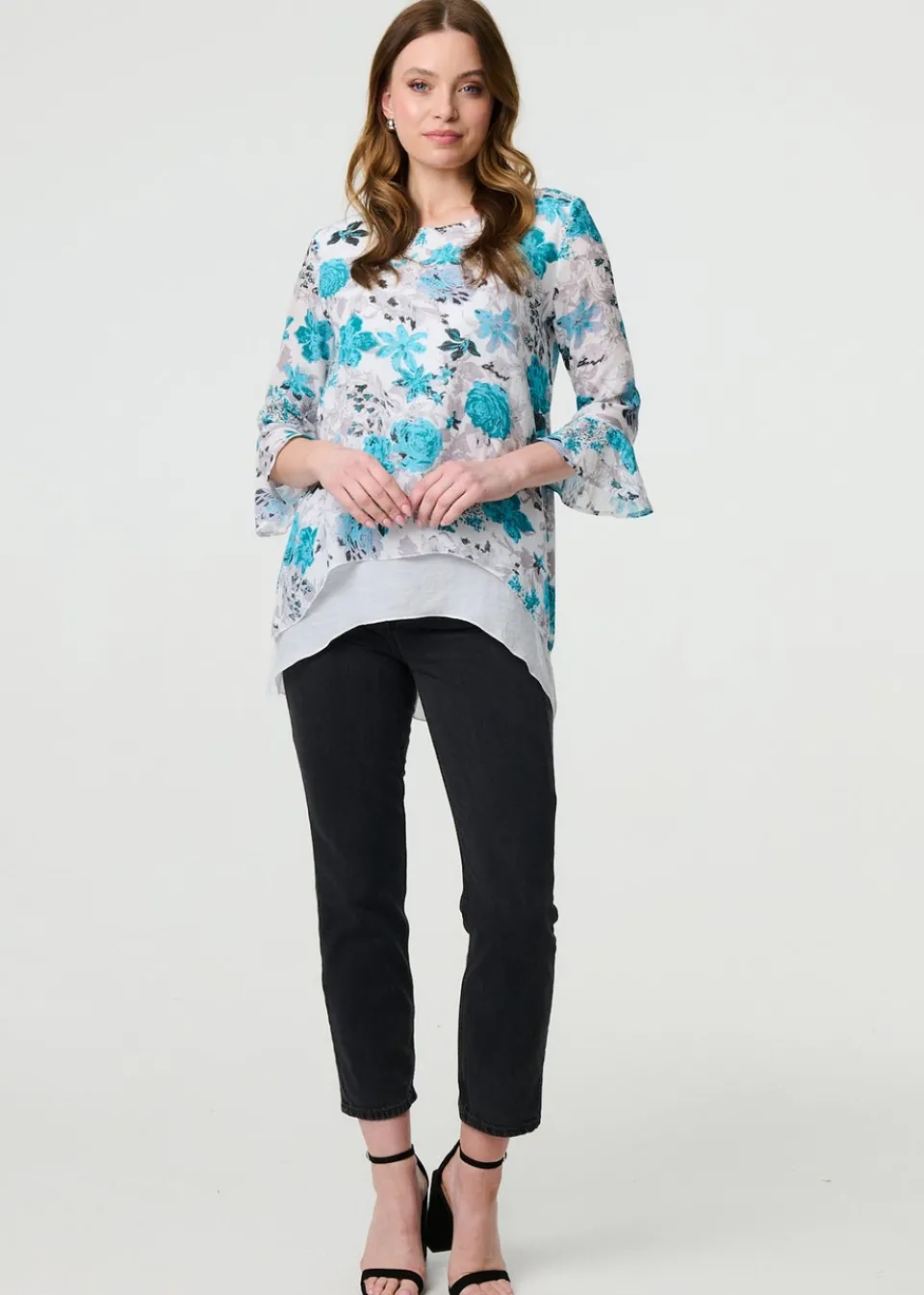 Tops>Izabel London Blue Floral Curve Layered Hem Blouse