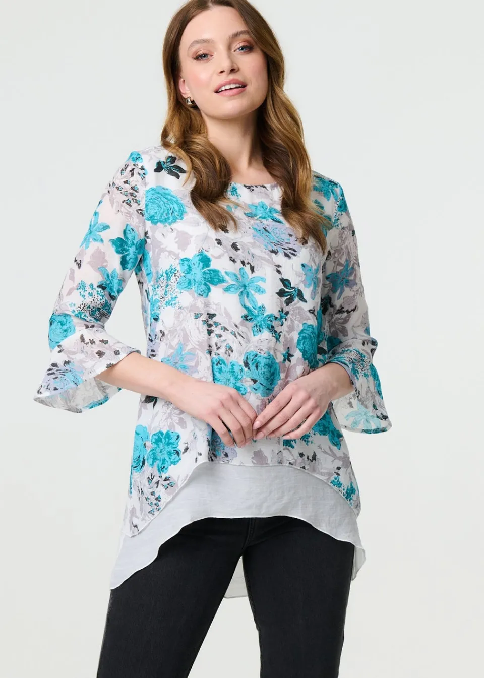 Tops>Izabel London Blue Floral Curve Layered Hem Blouse