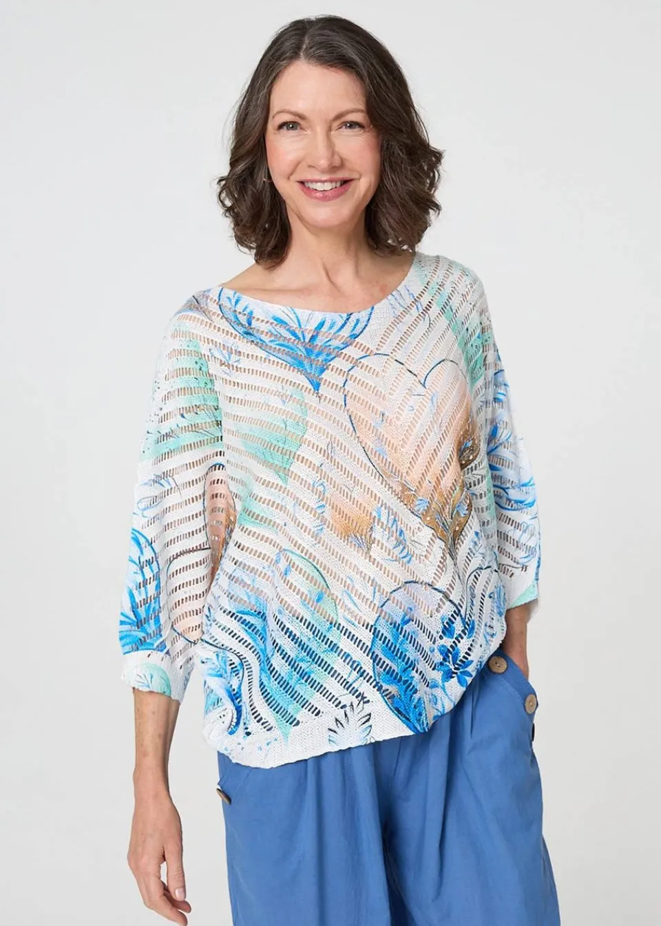 Tops>Izabel London Blue Heart Print Open Knit 3/4 Sleeve Top