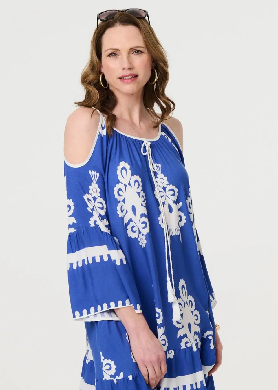Tops>Izabel London Blue Ikat Print Cut Out Knee Length Sun Dress