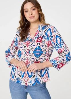 Tops>Izabel London Blue Ikat Print V-Neck Blouse