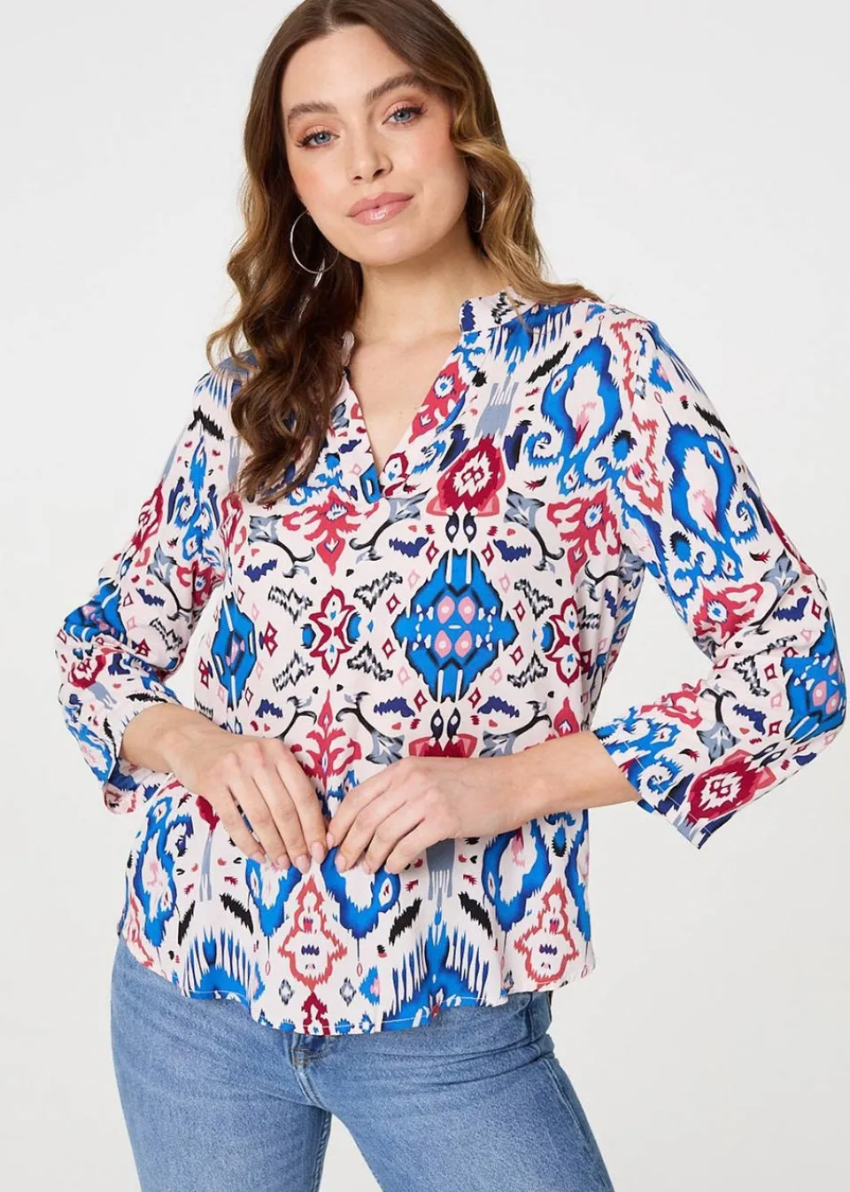 Tops>Izabel London Blue Ikat Print V-Neck Blouse