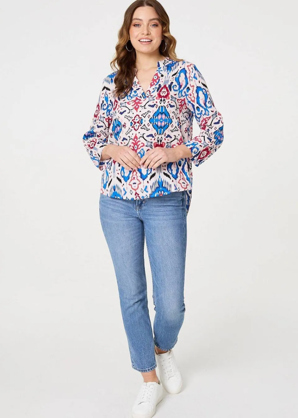 Tops>Izabel London Blue Ikat Print V-Neck Blouse