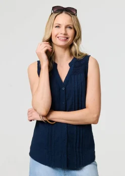 Tops>Izabel London Blue Lace Trim Sleeveless V Neck Blouse