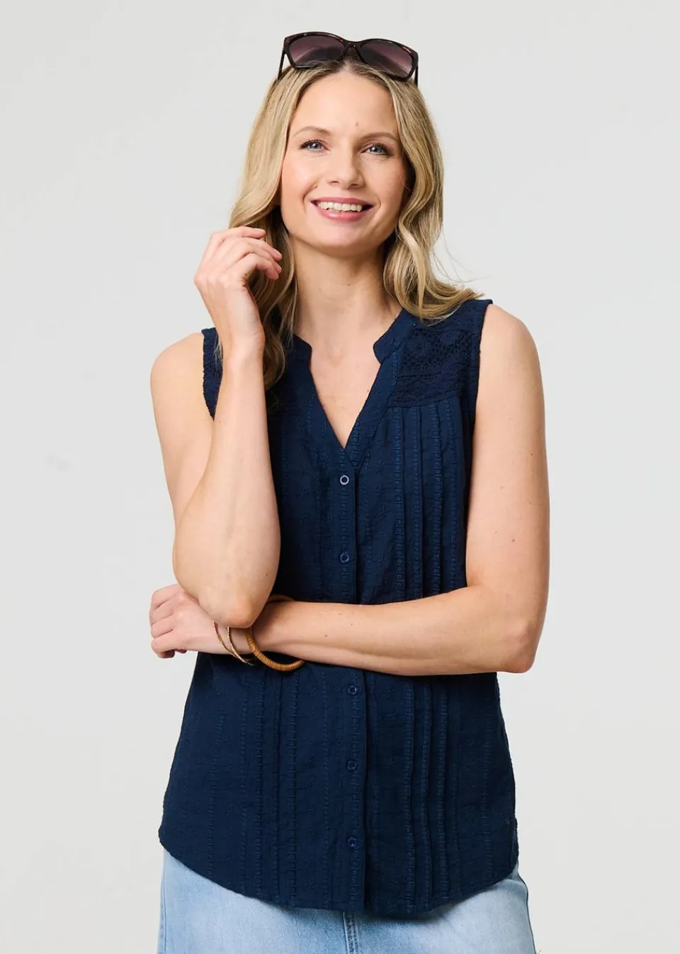 Tops>Izabel London Blue Lace Trim Sleeveless V Neck Blouse