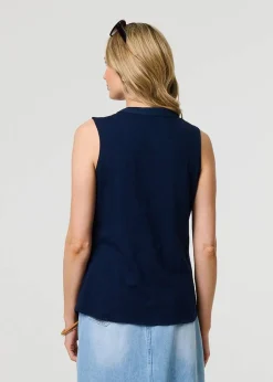 Tops>Izabel London Blue Lace Trim Sleeveless V Neck Blouse