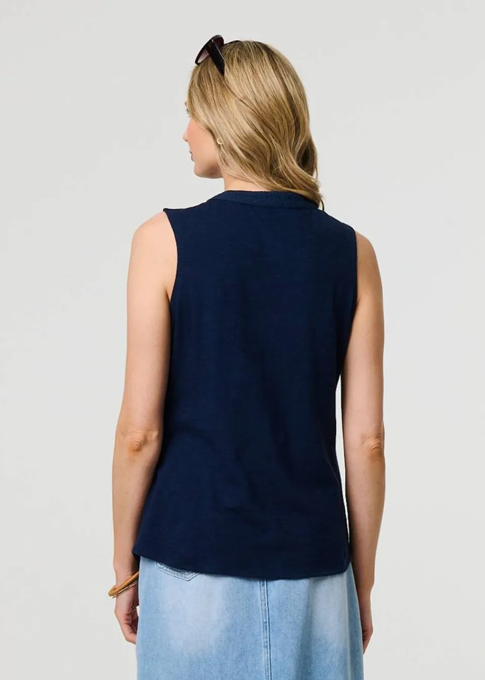 Tops>Izabel London Blue Lace Trim Sleeveless V Neck Blouse