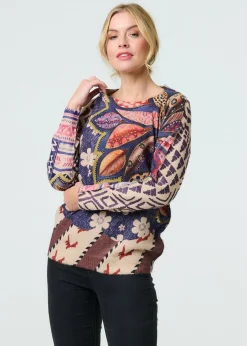 Tops>Izabel London Blue Leaf Print Drop Shoulder Jumper