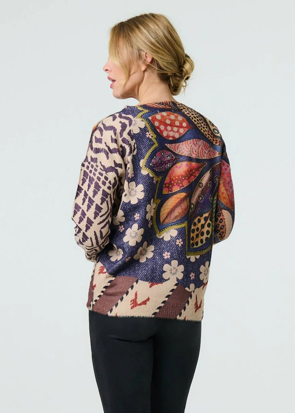 Tops>Izabel London Blue Leaf Print Drop Shoulder Jumper