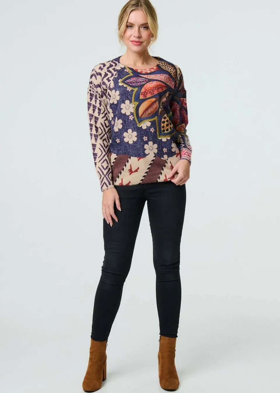 Tops>Izabel London Blue Leaf Print Drop Shoulder Jumper