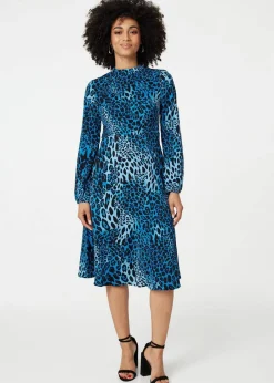 Dresses>Izabel London Blue Leopard Print Long Sleeve Mini Dress