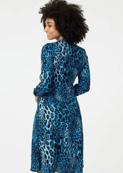 Dresses>Izabel London Blue Leopard Print Long Sleeve Mini Dress