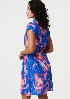 Dresses>Izabel London Blue Marble Print Knee Length Shirt Dress