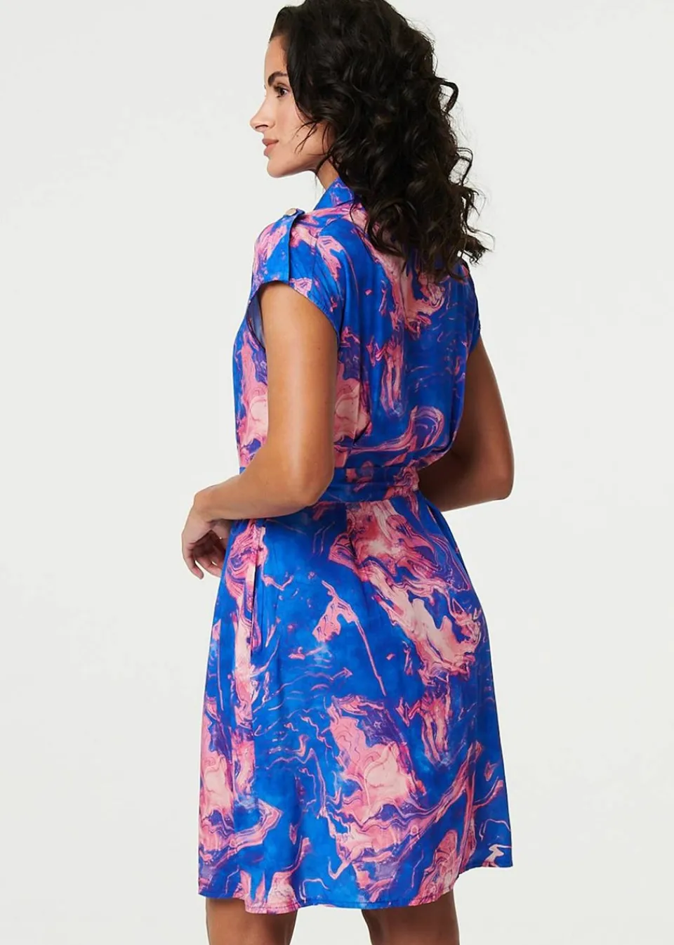 Dresses>Izabel London Blue Marble Print Knee Length Shirt Dress