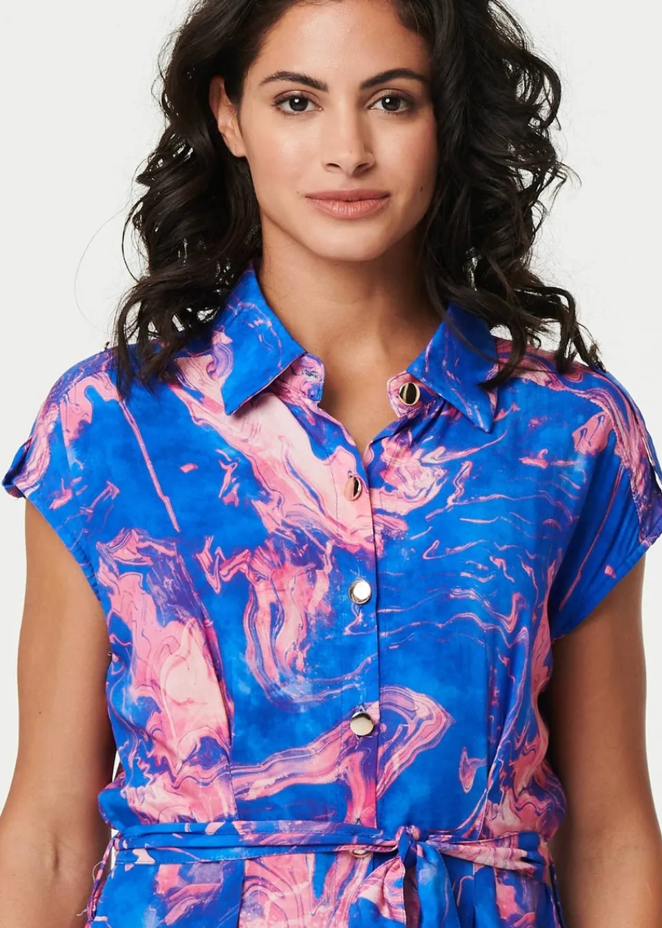 Dresses>Izabel London Blue Marble Print Knee Length Shirt Dress