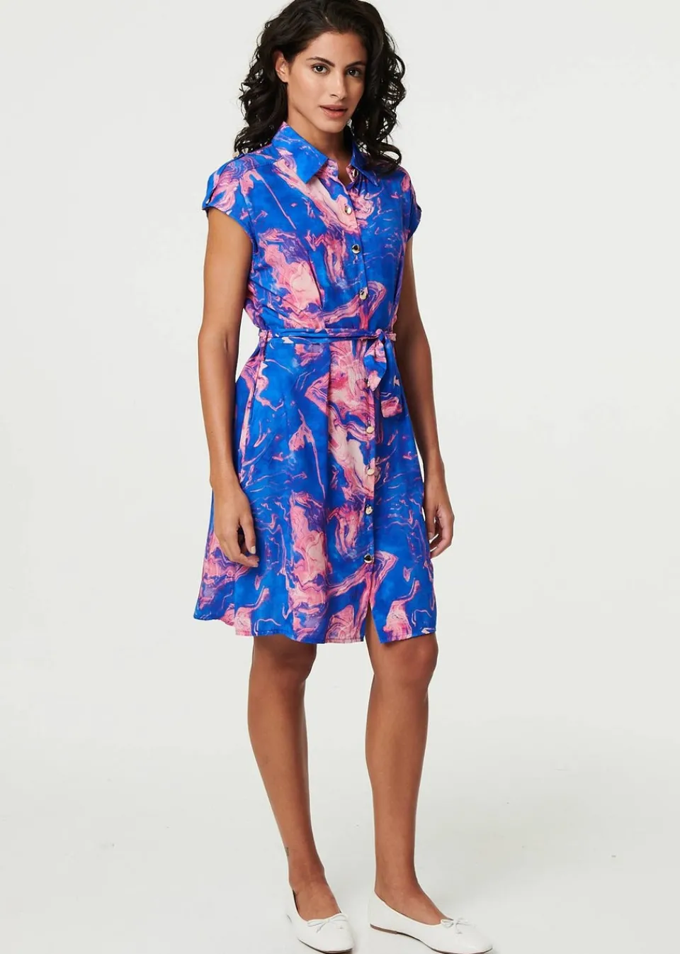 Dresses>Izabel London Blue Marble Print Knee Length Shirt Dress