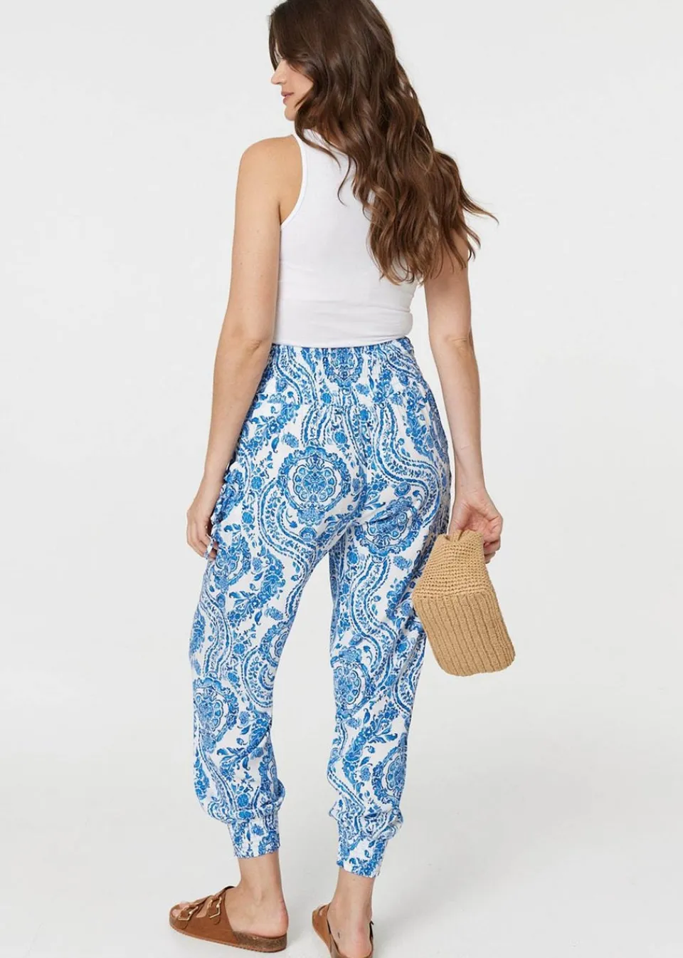 Trousers>Izabel London Blue Paisley Print High Waist Harem Pants