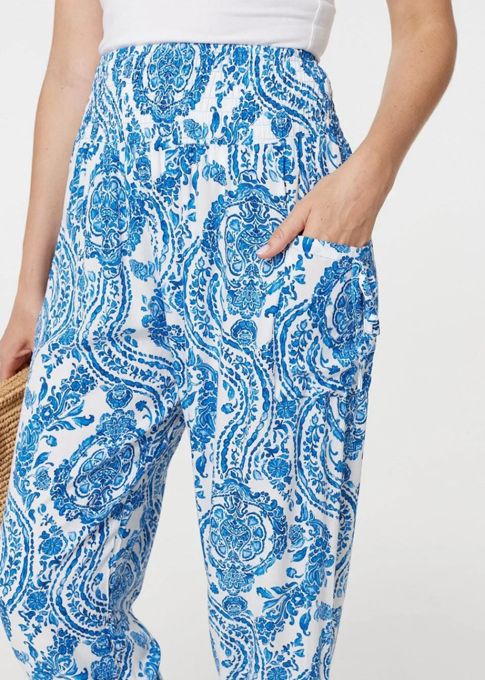 Trousers>Izabel London Blue Paisley Print High Waist Harem Pants